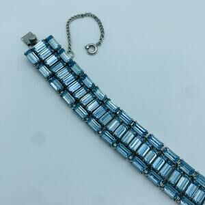 Vintage Aqua Blue Rhinestone Baguette Emerald Cut Statement Bracelet